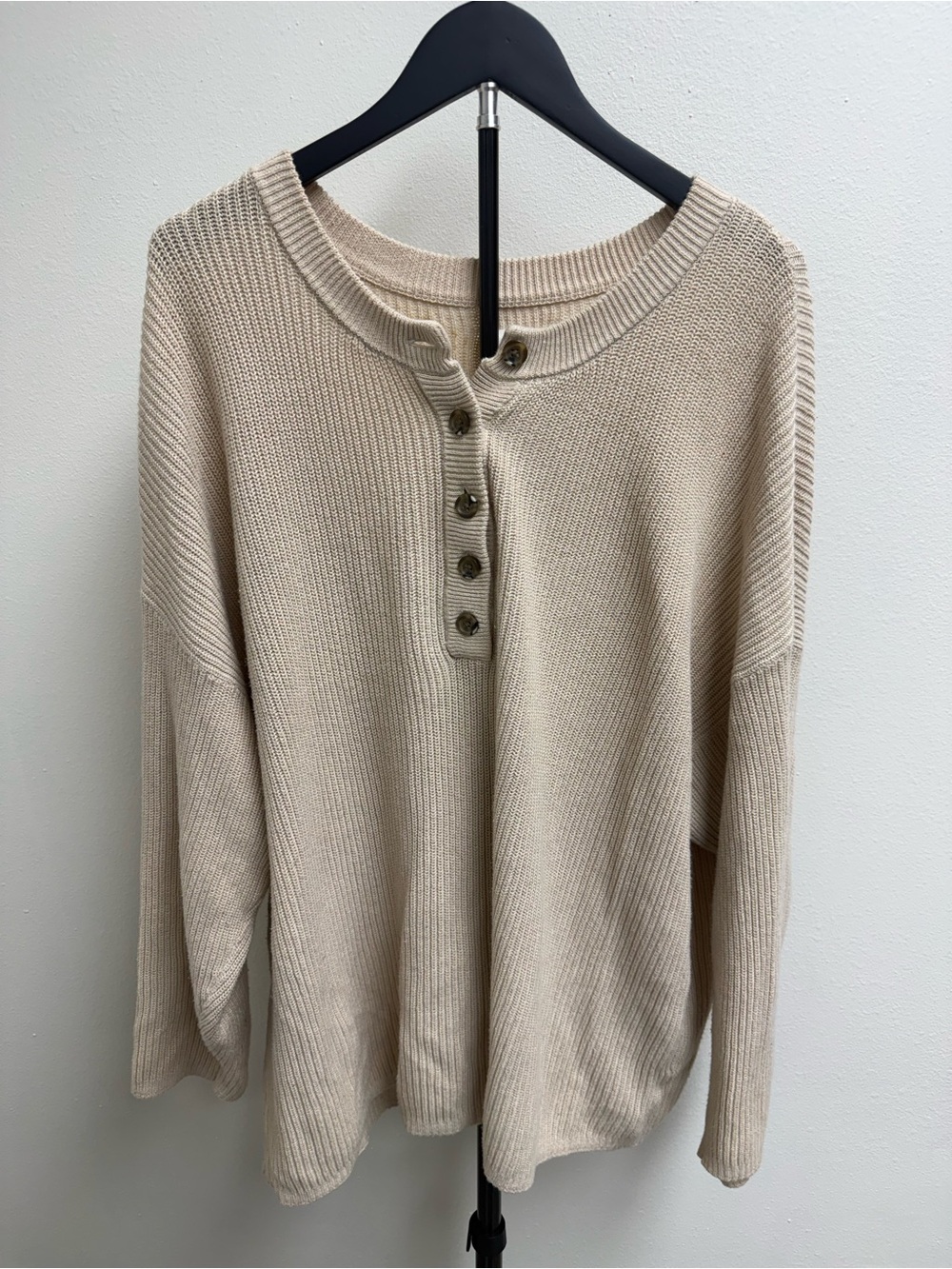 aerie Cream Ribbed Button-Placket Crew Neck Sweater